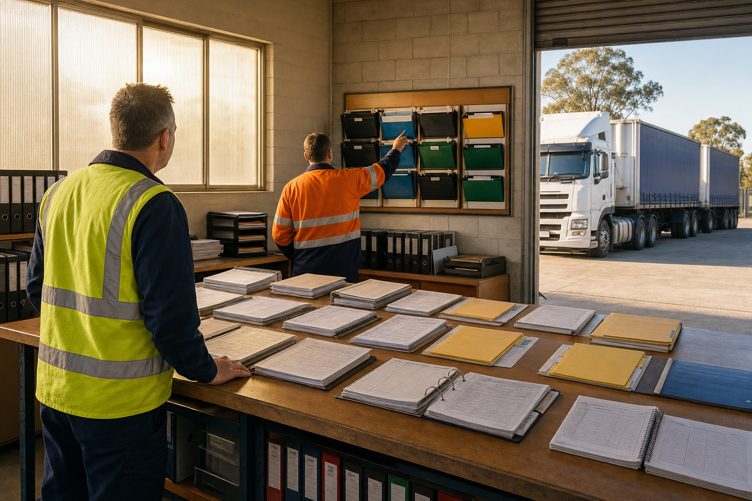 A compliance officer in hi-vis vest reviews organised logbooks and maintenance folders at a depot workstation, with an Australian prime mover visible through the roller door in the background.