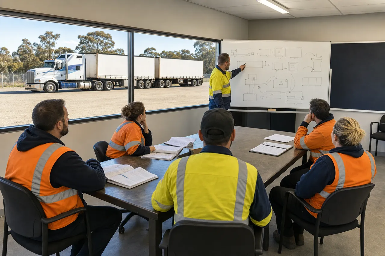 Workers in hi-vis vests gathered around a compliance briefing table in an Australian heavy vehicle depot training room, with a prime mover visible through the window in the truck yard beyond.