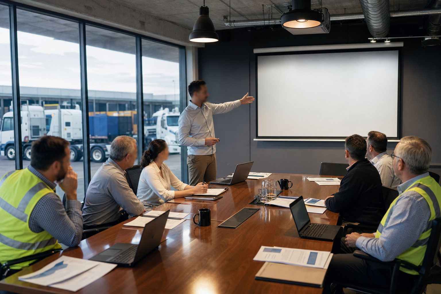 Australian transport executives and managers participating in a Chain of Responsibility training session inside a heavy vehicle company's boardroom, with a freight depot visible through the windows.