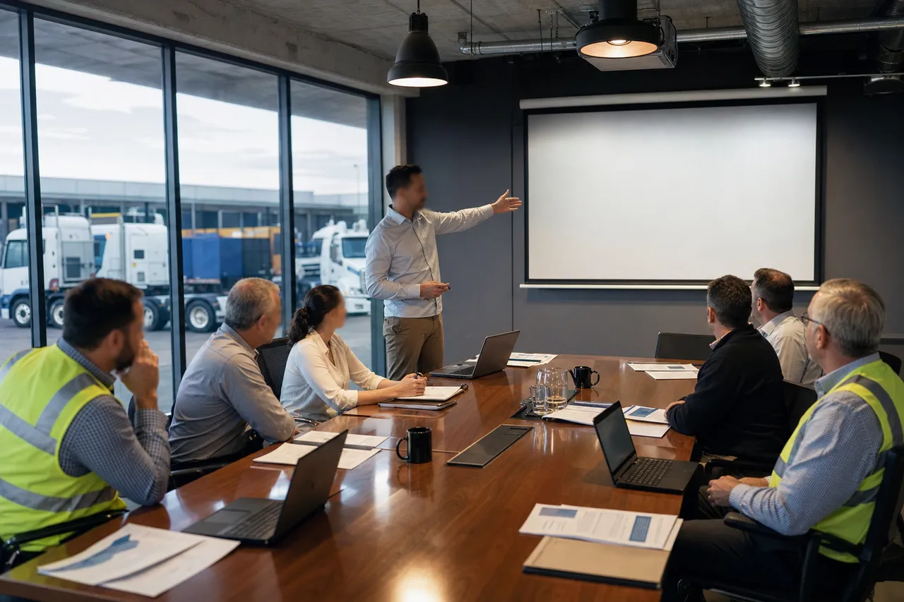 Australian transport executives and managers participating in a Chain of Responsibility training session inside a heavy vehicle company's boardroom, with a freight depot visible through the windows.