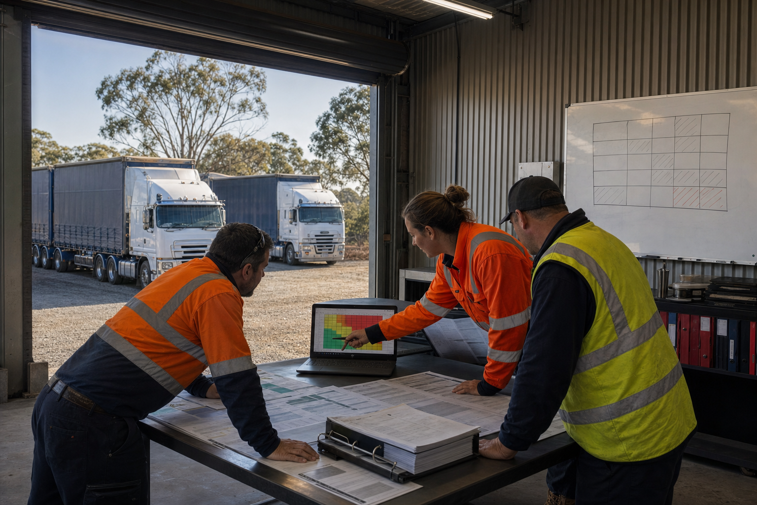 Transport compliance professionals reviewing a Chain of Responsibility risk assessment in an Australian freight depot office, with prime movers visible in the yard through an open roller door.