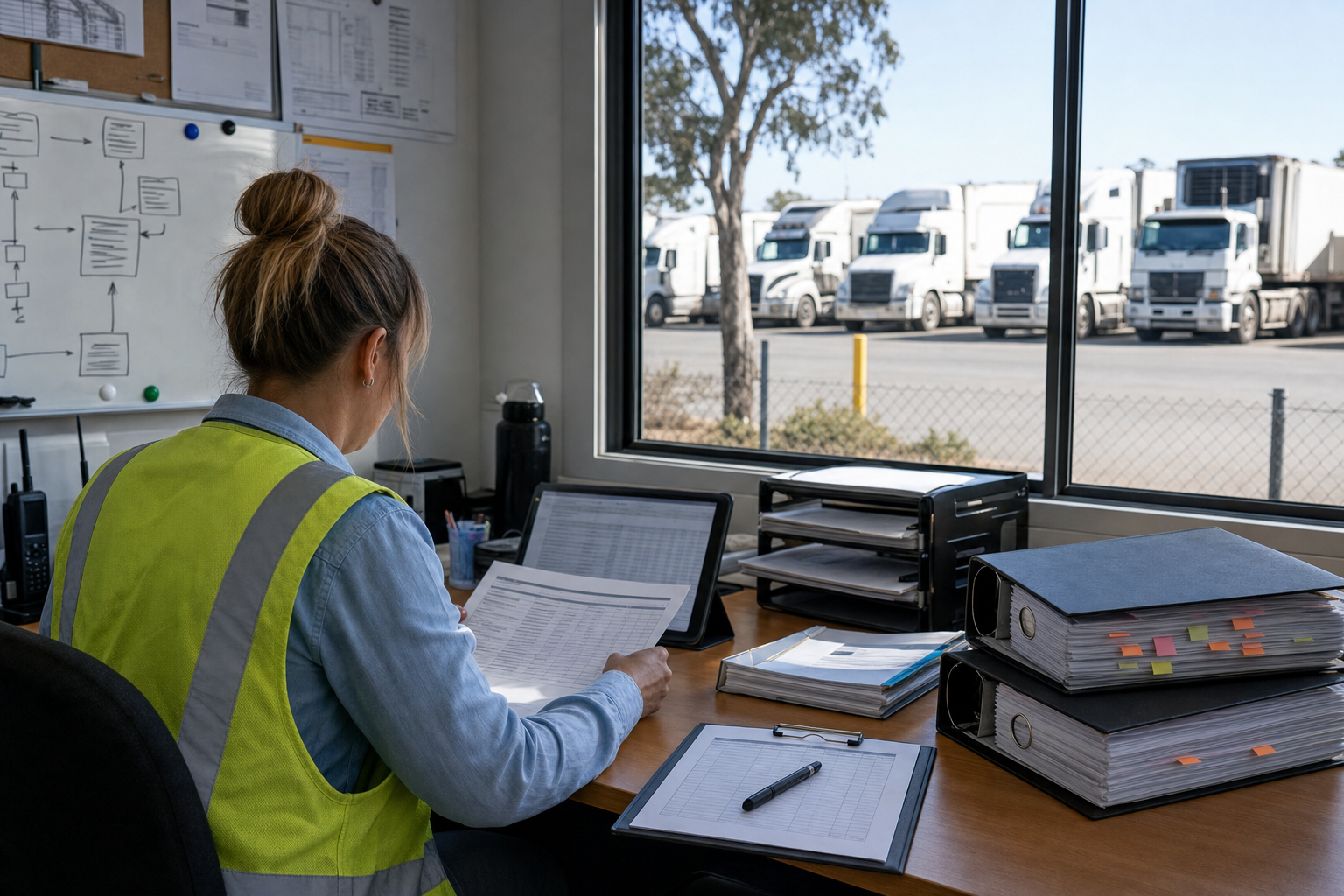A transport compliance manager reviews audit documents and risk registers at a desk inside an Australian heavy vehicle depot office, with prime movers and trailers visible through the window in the yard beyond.