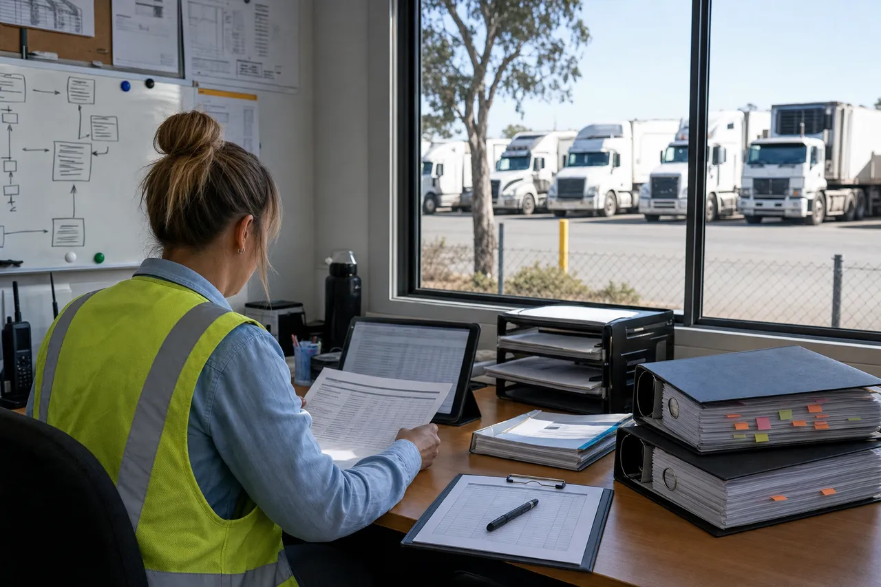 A transport compliance manager reviews audit documents and risk registers at a desk inside an Australian heavy vehicle depot office, with prime movers and trailers visible through the window in the yard beyond.