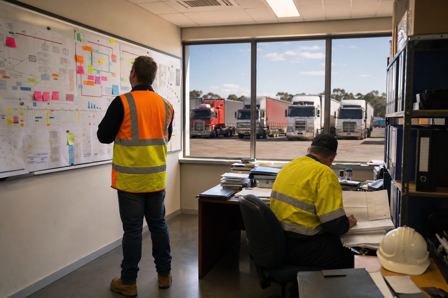 A compliance manager in hi-vis vest reviews a structured workflow board inside an Australian heavy vehicle depot office, with prime movers and B-double trailers visible through the window in the truck yard beyond.