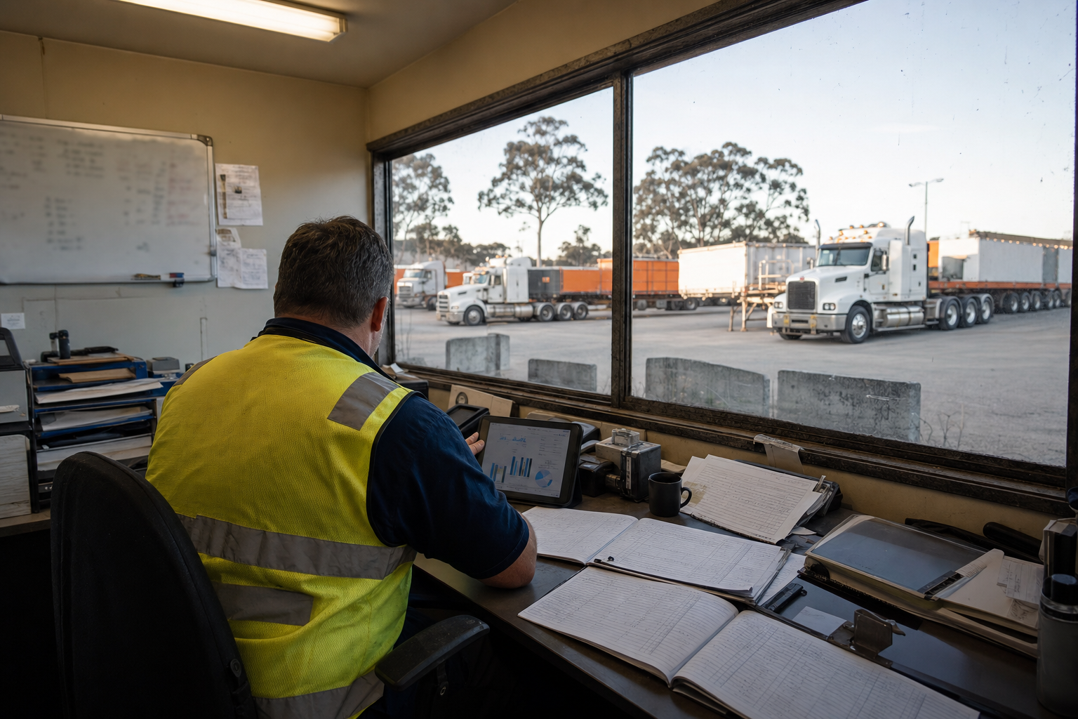 A compliance officer in a hi-vis vest reviews open driver work diary booklets at a desk in an Australian heavy vehicle depot office, with prime movers visible through the window outside.