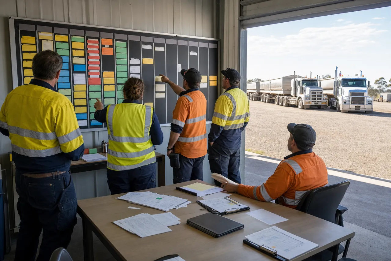Heavy vehicle transport depot compliance team reviewing Chain of Responsibility workflow controls on a structured planning board, with Australian prime movers visible in the yard outside.