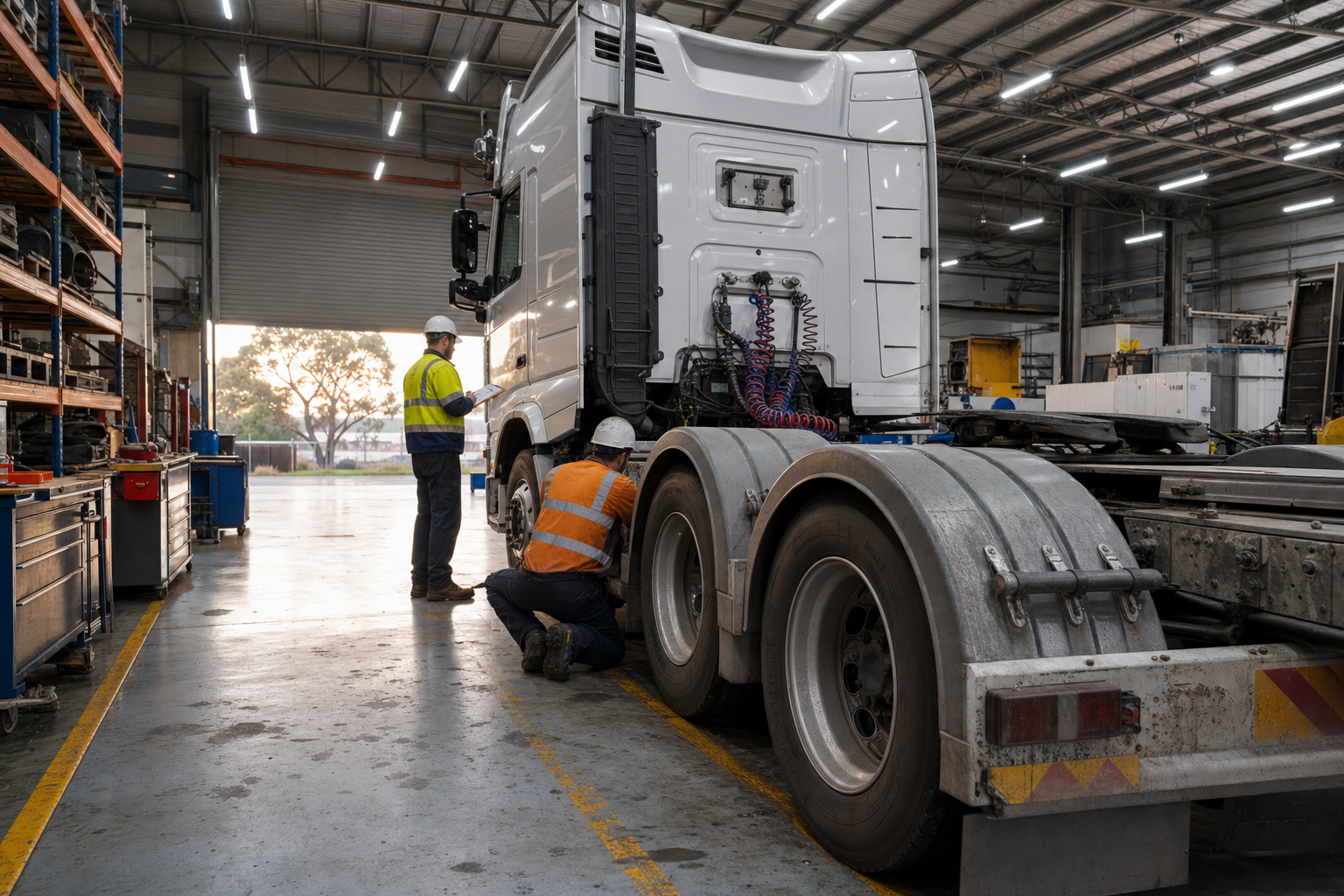 Two compliance workers in hi-vis vests inspecting a heavy vehicle prime mover inside an Australian depot workshop, reviewing maintenance evidence at the axle and wheel assembly.