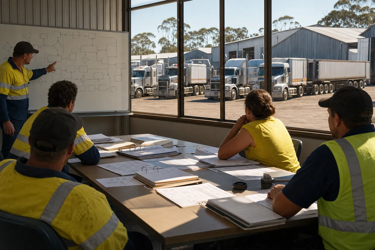 Heavy vehicle transport workers in hi-vis vests participate in a Chain of Responsibility training session inside an Australian depot meeting room, with prime movers and trailers visible through the window in the truck yard beyond.
