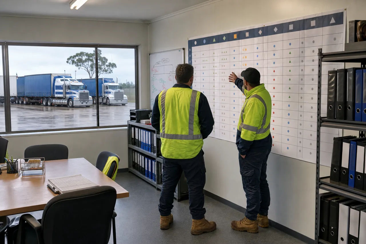 A compliance manager and colleague in hi-vis vests review an expanded risk control matrix in an Australian heavy vehicle depot briefing room, with prime movers visible through the window in the truck yard outside.