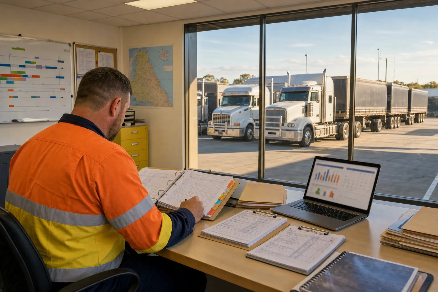 A heavy vehicle compliance manager reviews Safety Management System documentation at a depot office desk, with Australian prime movers and B-double trailers visible through the window in a sunlit truck yard.