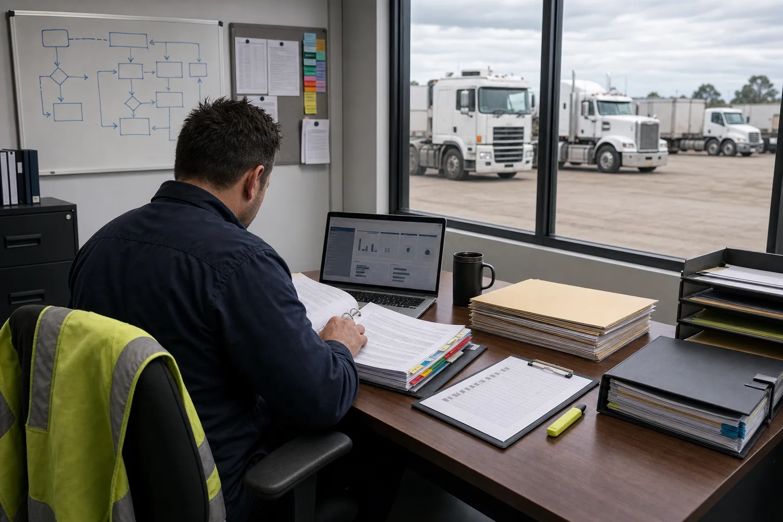 A compliance manager reviews safety management system documentation at a desk in an Australian heavy vehicle operator's office, with prime movers visible through the window in a truck yard beyond.