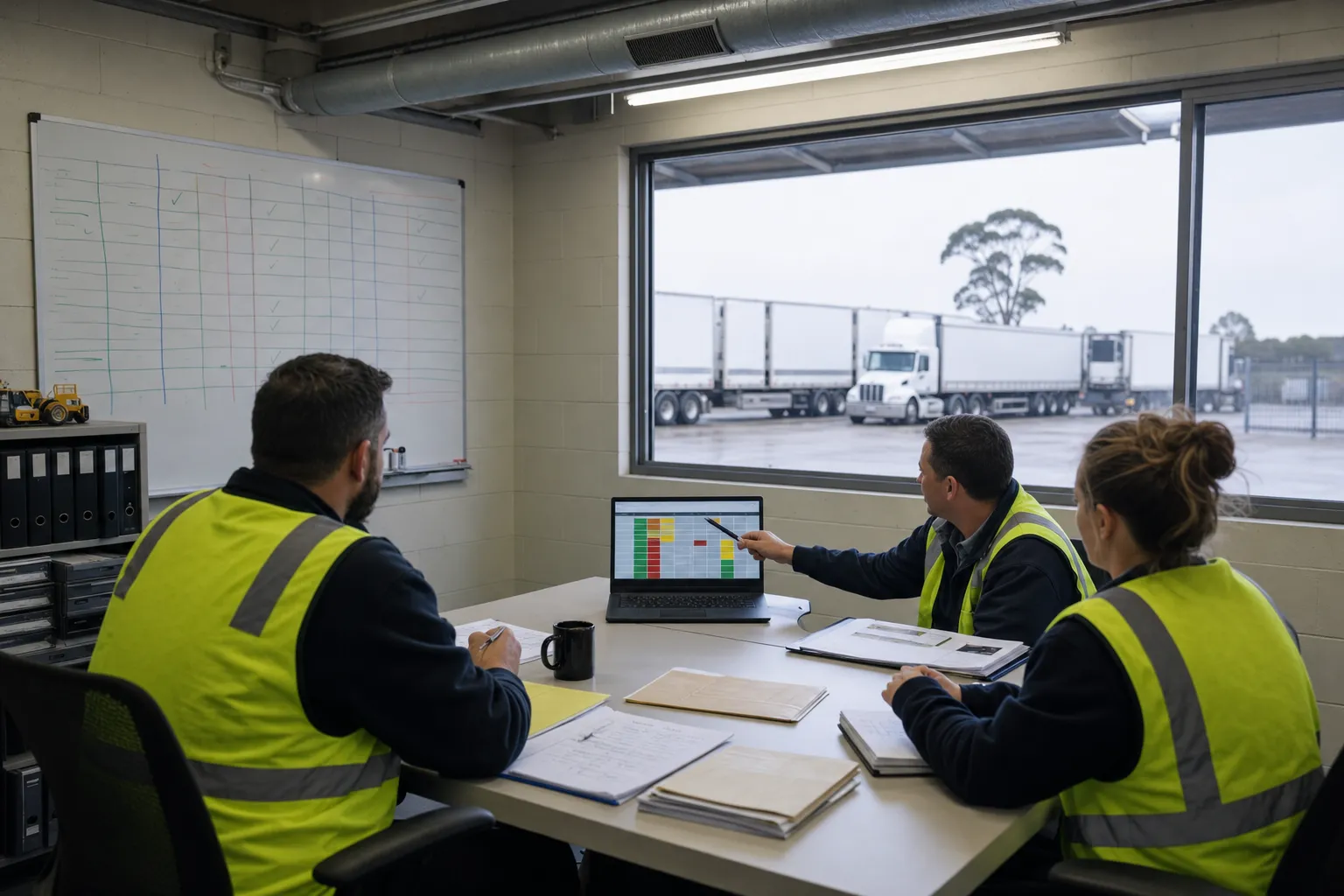 Compliance professionals in hi-vis vests review Chain of Responsibility documentation at a depot office table, with Australian prime movers visible through the window in the truck yard beyond.