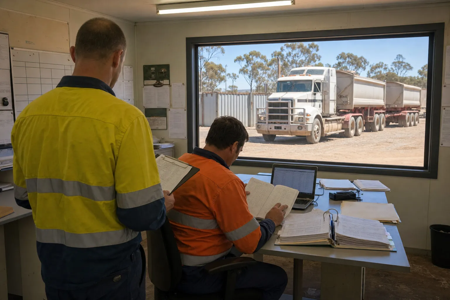 A compliance manager in hi-vis workwear reviews a driver work diary and scheduling records at a heavy vehicle depot administration office, with an Australian prime mover visible through the window in the truck yard beyond.