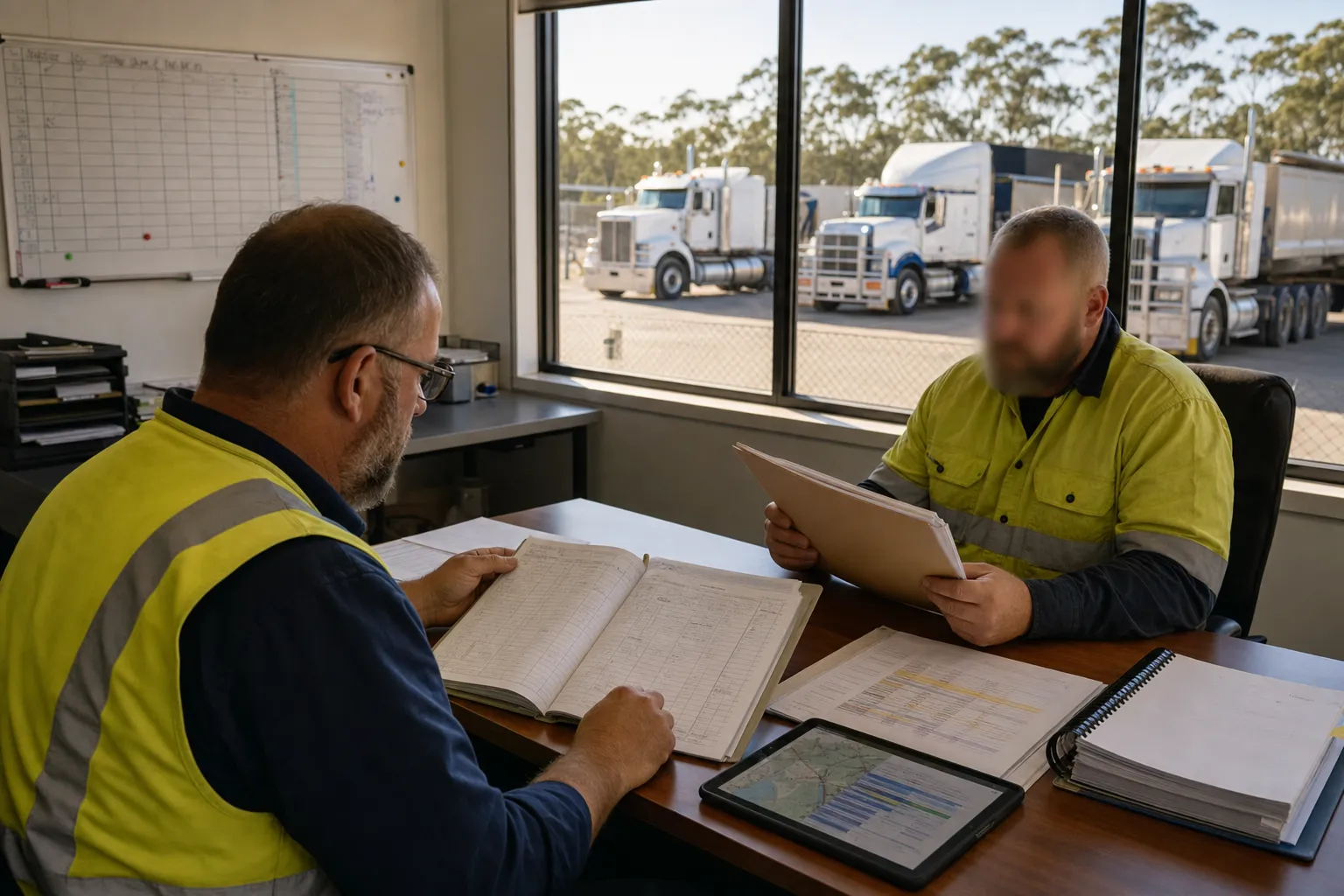 A compliance officer and transport operator reviewing work diary records and scheduling evidence at a desk inside an Australian heavy vehicle depot office, with prime movers visible through the window in the truck yard.