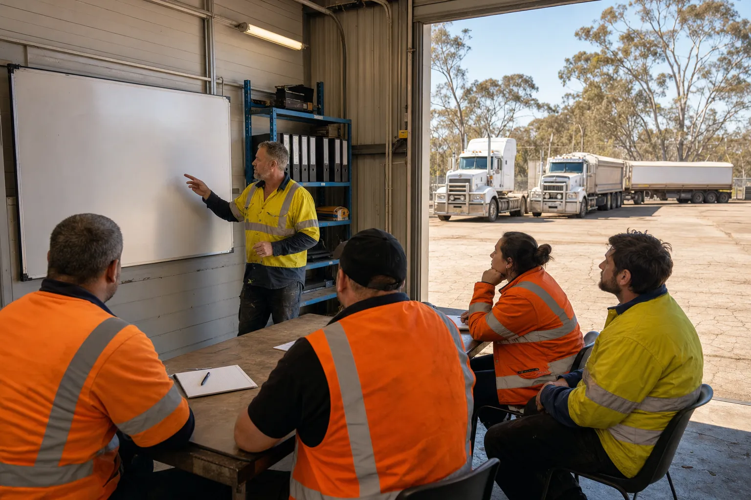 Transport workers in high-visibility vests attend a Chain of Responsibility training session inside an Australian heavy vehicle depot, with prime movers visible through open roller doors in the background.