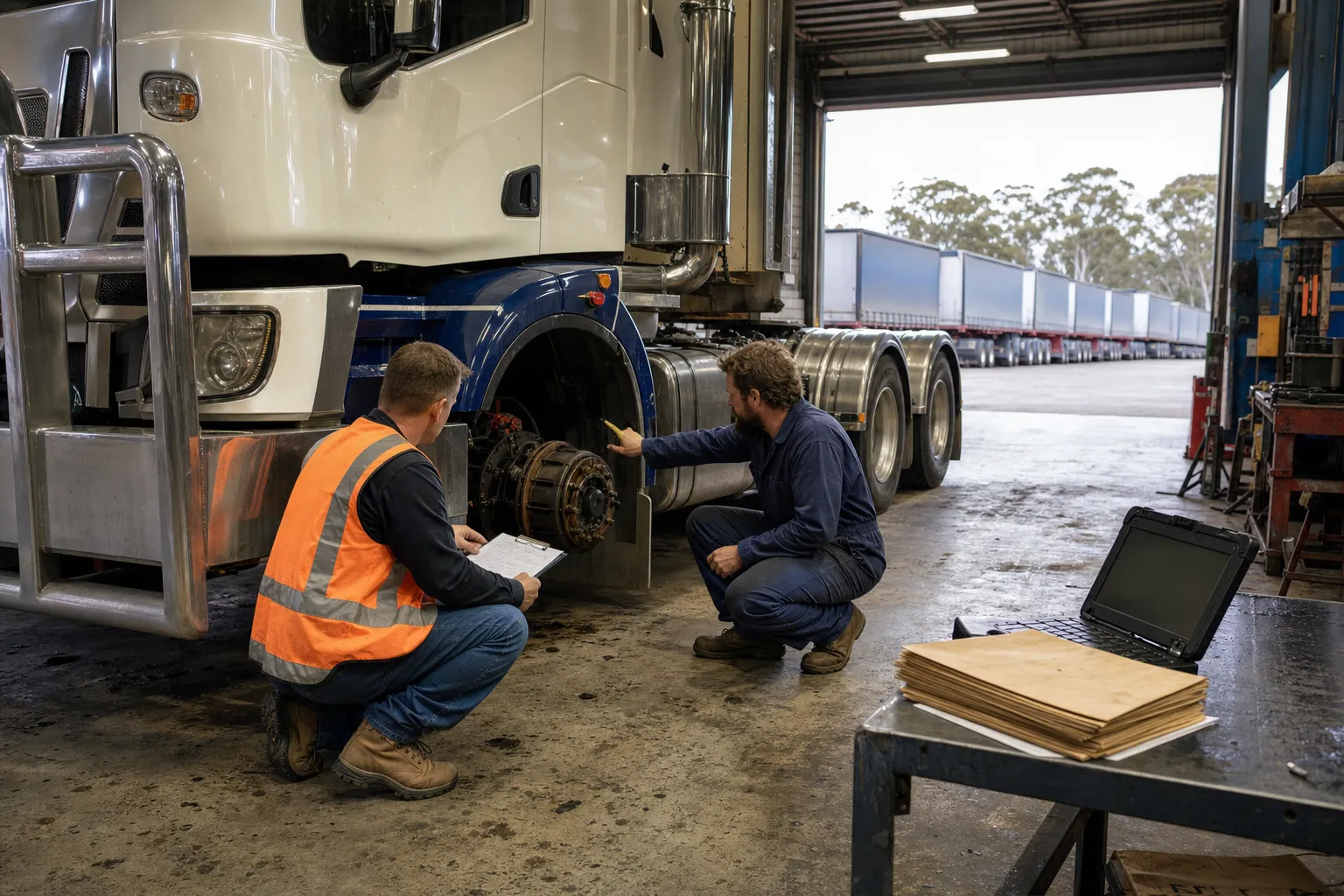 A fleet compliance officer and mechanic reviewing vehicle inspection records beside a prime mover in an Australian heavy vehicle maintenance workshop, with maintenance dockets and a tablet on a nearby workbench.