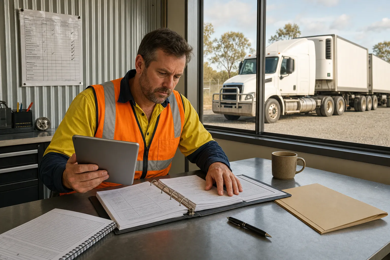 An Australian owner-operator in hi-vis workwear reviews NHVAS compliance records on a tablet and printed binder inside a depot admin office, with a prime mover and B-double trailer visible through the window in a gravel truck yard.