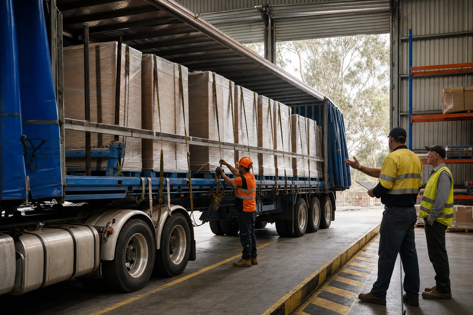 Australian freight depot loading bay showing a loader securing restraint straps on a B-double trailer while a loading manager reviews documentation and a consignee representative observes, illustrating Chain of Responsibility duty holders in a live transport compliance operation.