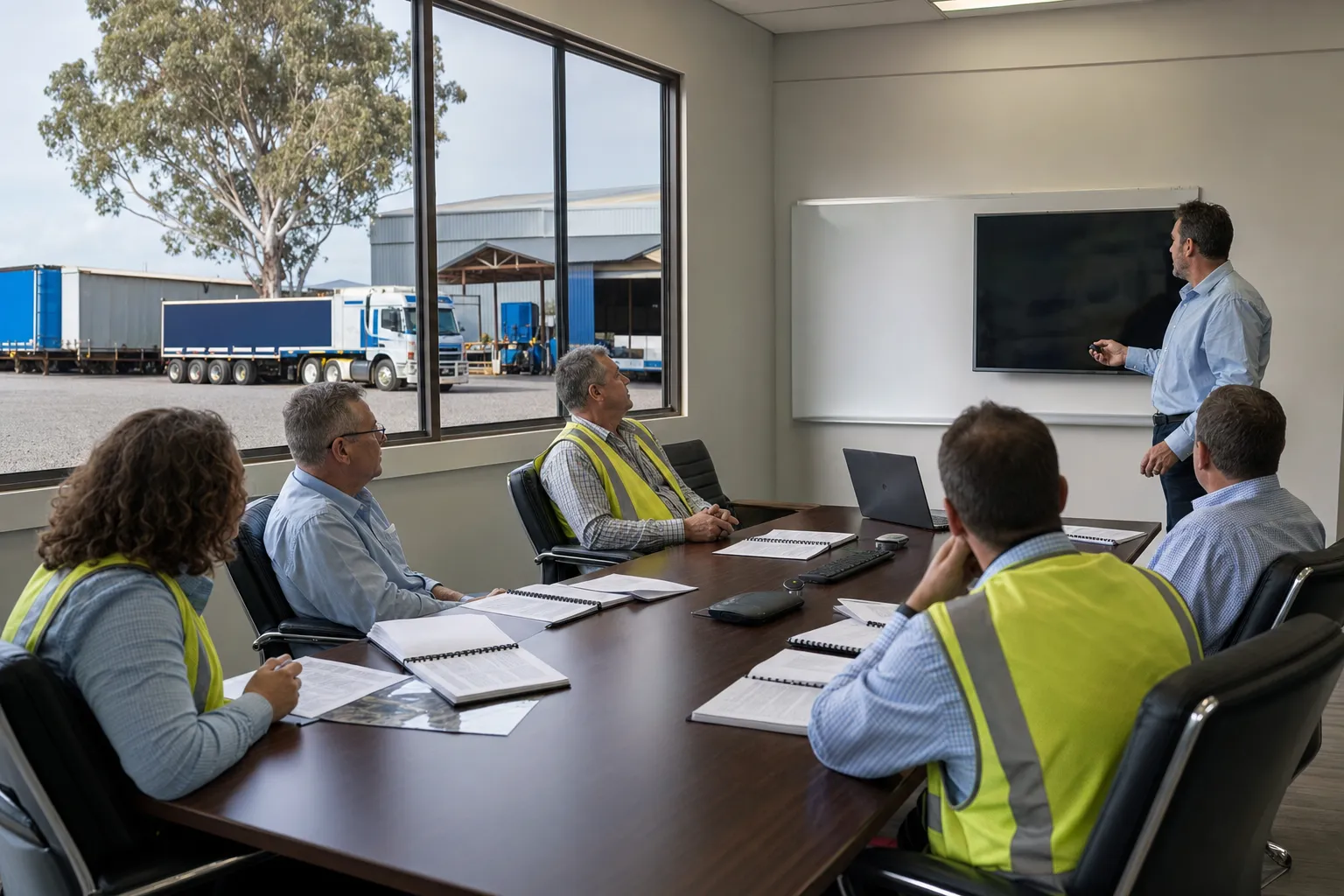 Australian transport company executive training session with managers in hi-vis and business attire reviewing Chain of Responsibility compliance materials, truck yard visible through window in background.