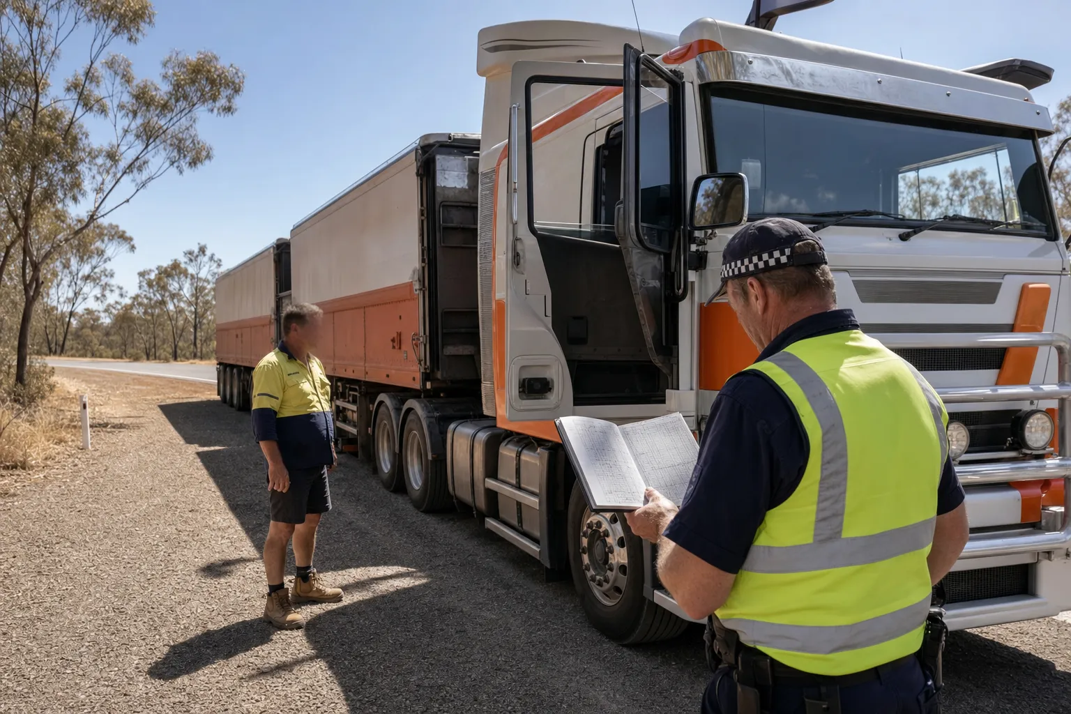 An authorised enforcement officer examines a driver's National Work Diary beside a heavy vehicle at an Australian roadside inspection bay, with eucalyptus scrub visible in the background.